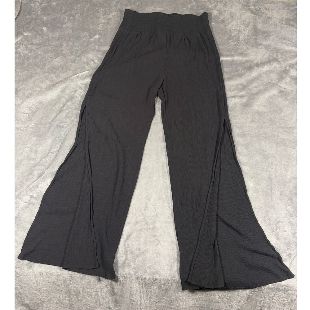 Kona Sol Womens Black Crinkle Gauze Wide Leg Side Slit Cover Up Pants Medium